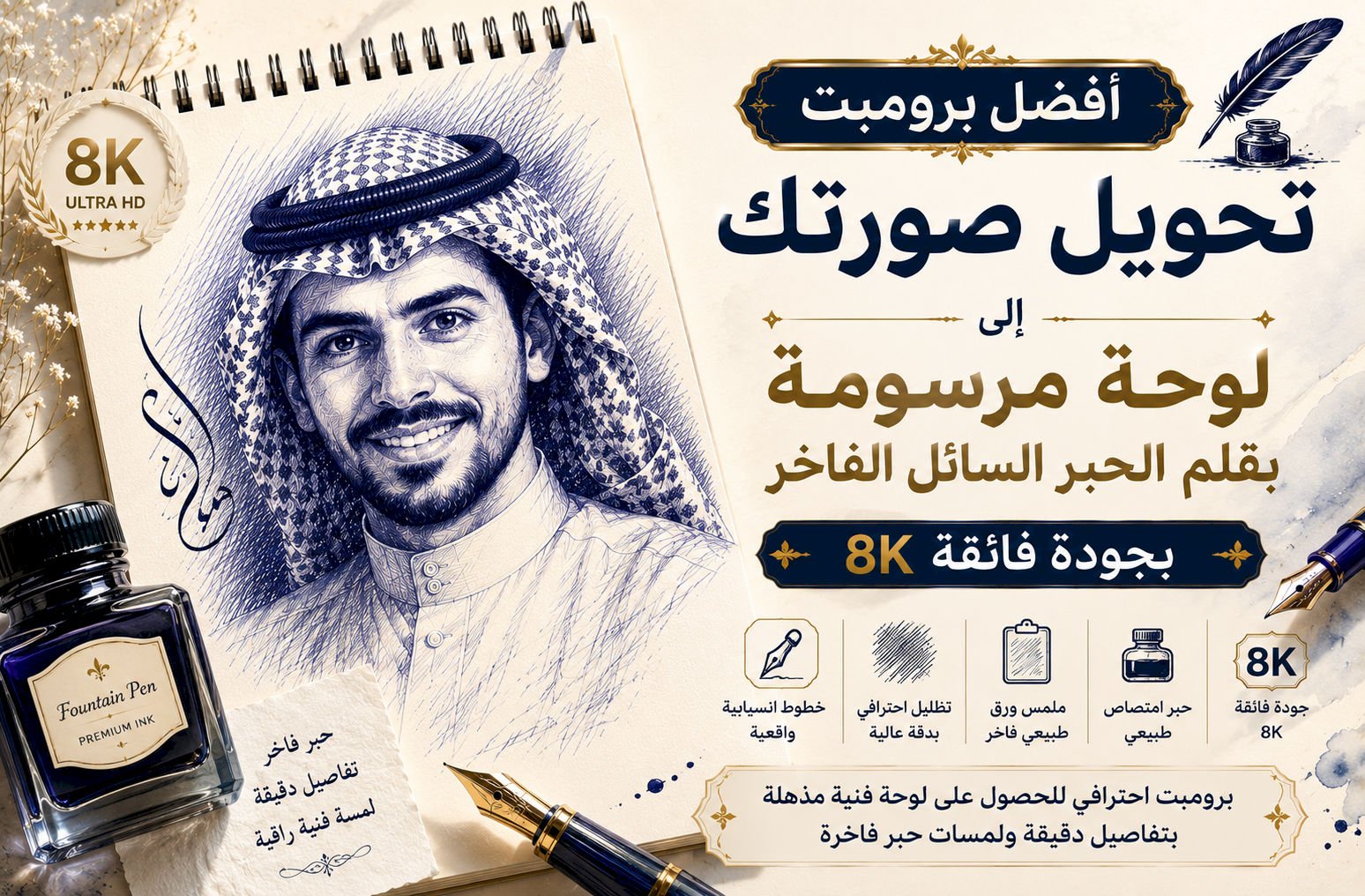 أفضل برومبت تحويل صورتك إلى لوحة مرسومة بقلم الحبر السائل الفاخر (Fountain Pen) بجودة 8K