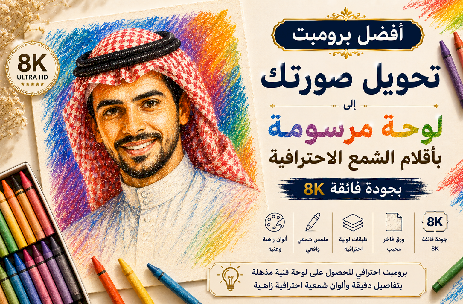 أفضل برومبت تحويل صورتك إلى لوحة مرسومة بأقلام الشمع الاحترافية (Wax Crayons) بجودة 8K