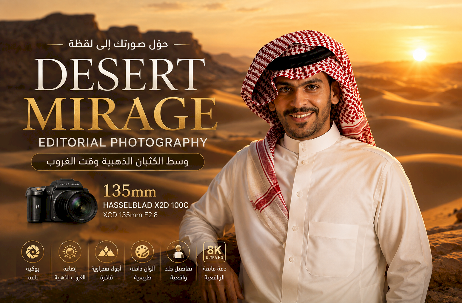 حوّل صورتك إلى لقطة Desert Mirage Editorial Photography وسط الكثبان الذهبية بعدسة 135mm