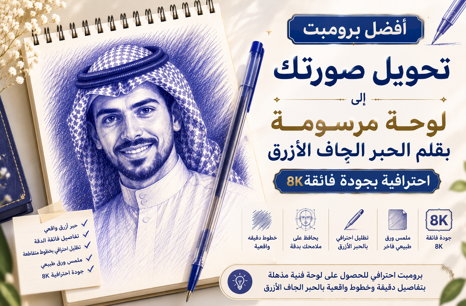 أفضل برومبت تحويل صورتك إلى لوحة مرسومة بقلم الحبر الجاف الأزرق (Blue Ballpoint Pen) بجودة 8K