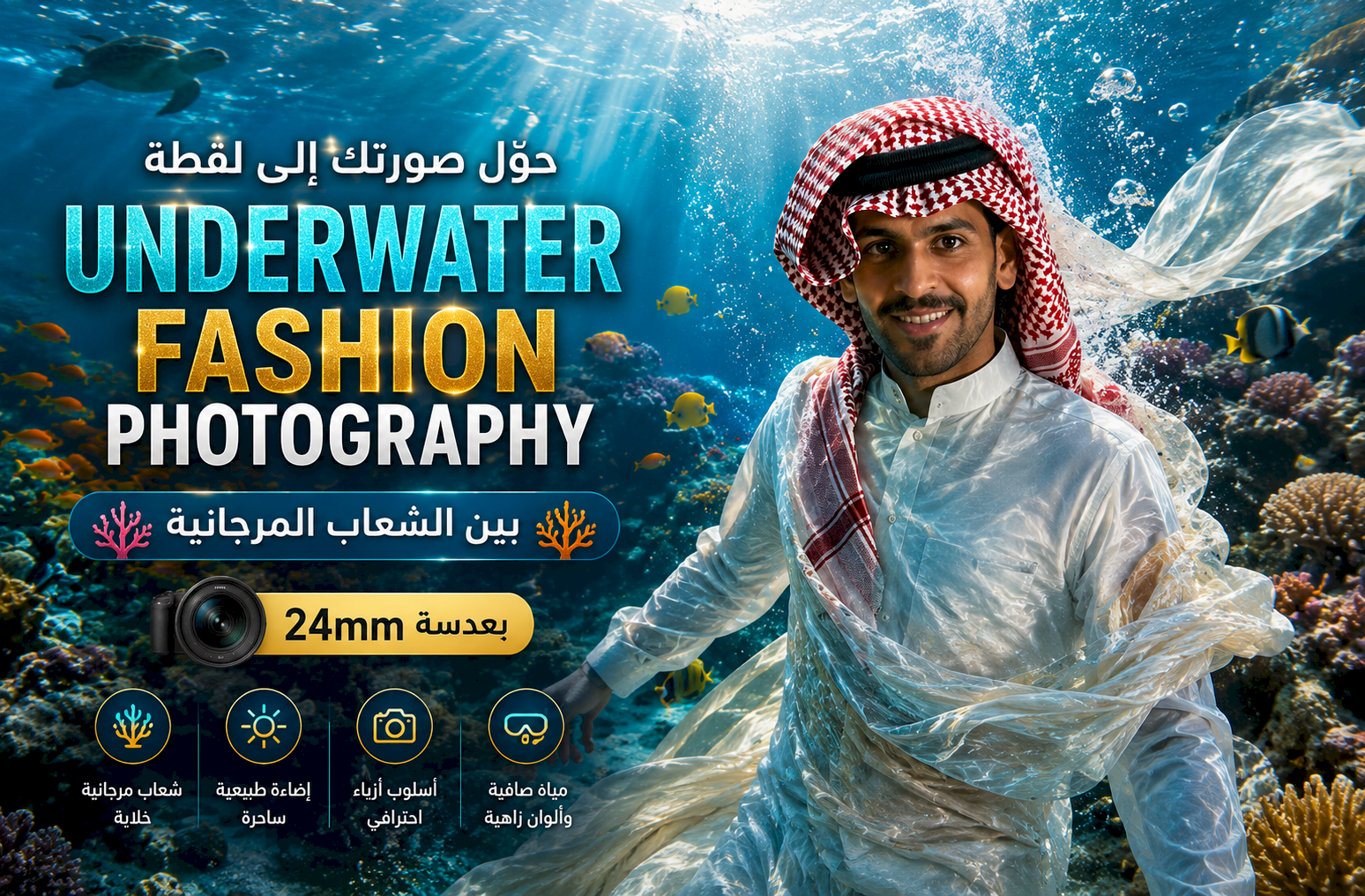 حوّل صورتك إلى لقطة Underwater Fashion Photography بين الشعاب المرجانية بعدسة 24mm