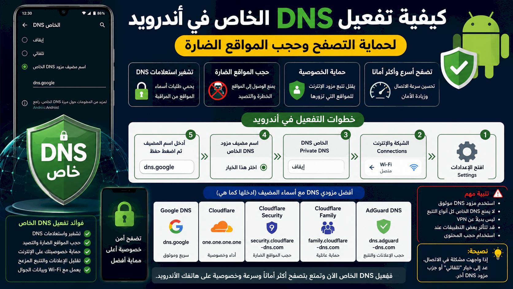 كيفية تفعيل DNS الخاص في أندرويد لحماية التصفح وحجب المواقع الضارة