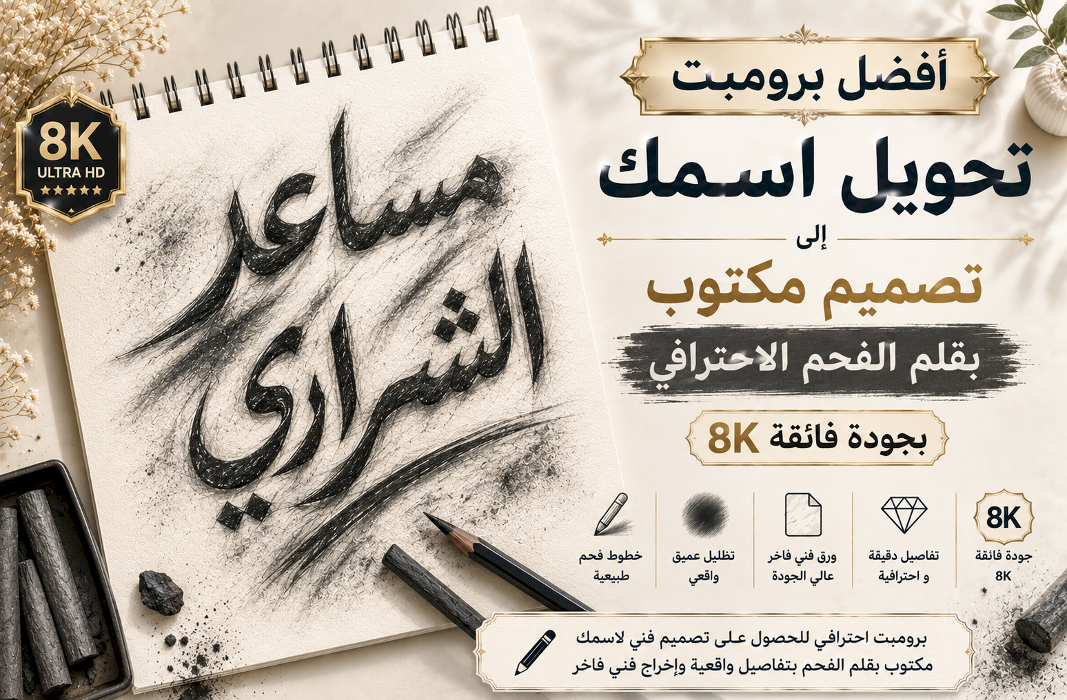 أفضل برومبت تحويل اسمك إلى تصميم مكتوب بقلم الفحم الاحترافي (Charcoal) بجودة 8K