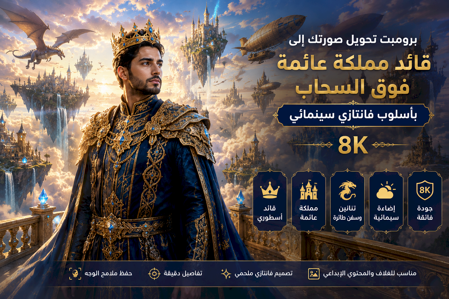 برومبت تحويل صورتك إلى قائد مملكة عائمة فوق السحاب بأسلوب فانتازي سينمائي 8K