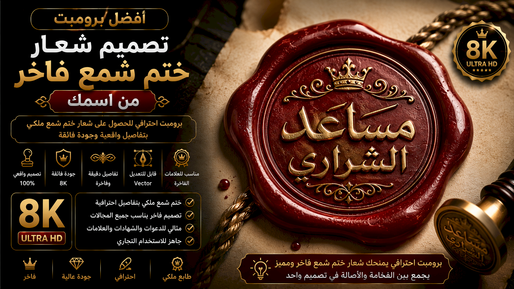 أفضل برومبت تصميم شعار ختم شمع فاخر (Wax Seal Logo) من اسمك بجودة 8K