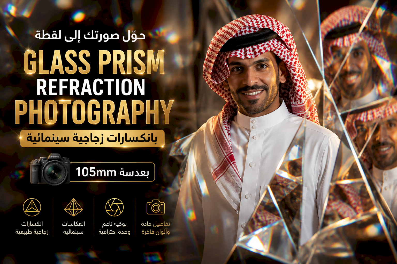 حوّل صورتك إلى لقطة Glass Prism Refraction Photography بانكسارات زجاجية سينمائية وعدسة 105mm