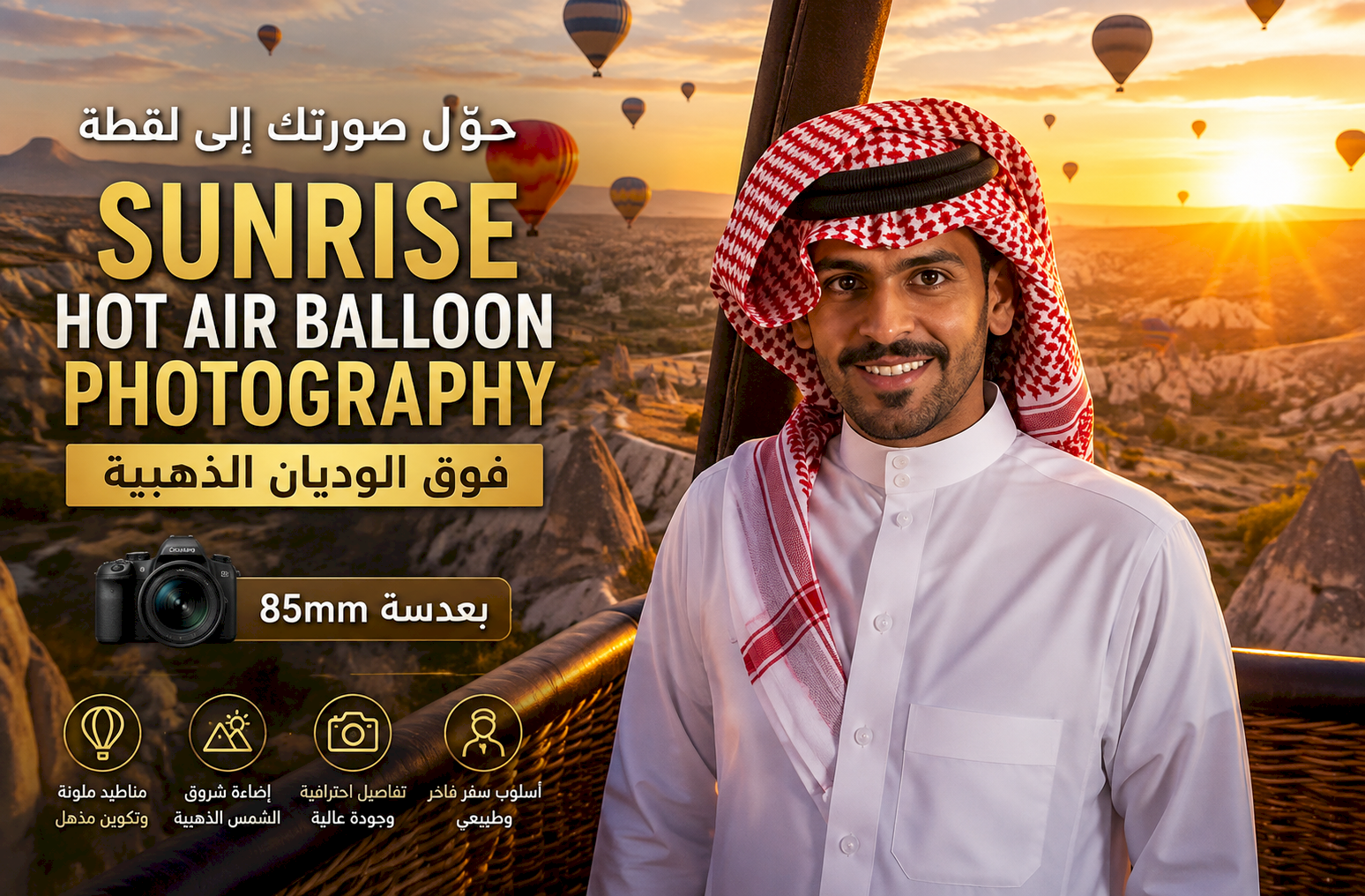 حوّل صورتك إلى لقطة Sunrise Hot Air Balloon Photography فوق الوديان الذهبية بعدسة 85mm