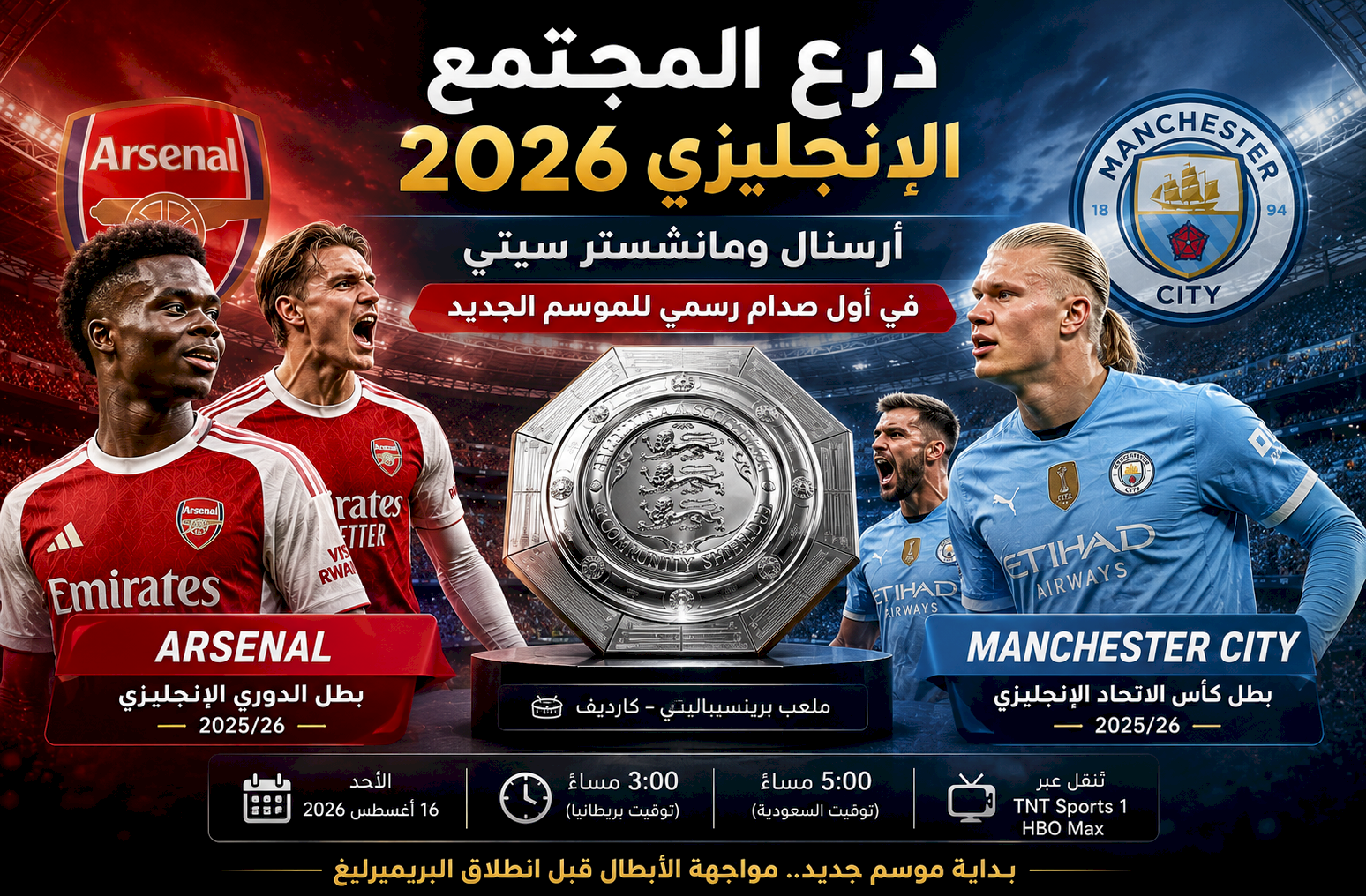 درع المجتمع الإنجليزي 2026.. أرسنال ومانشستر سيتي في أول صدام رسمي للموسم الجديد