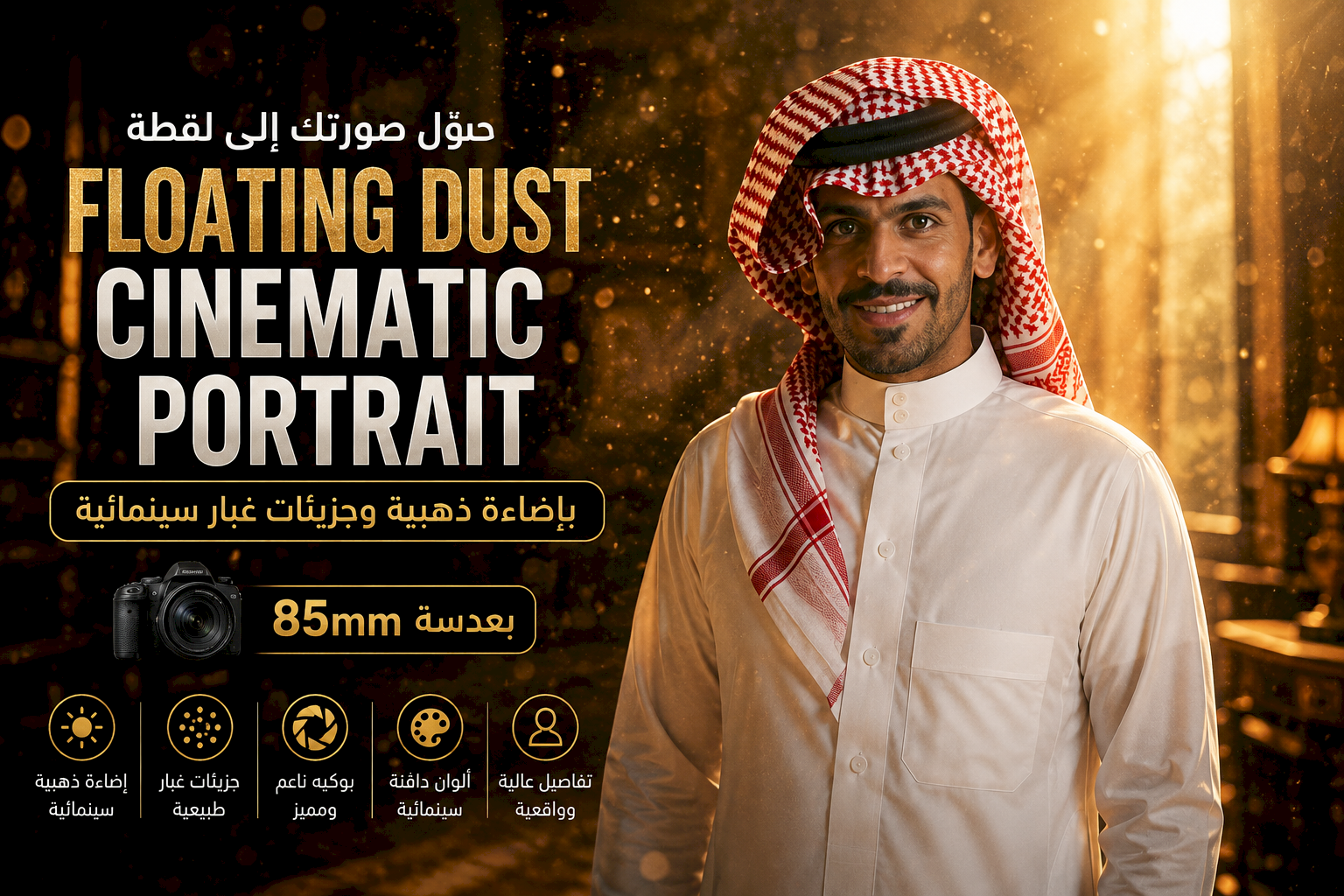حوّل صورتك إلى لقطة Floating Dust Cinematic Portrait بإضاءة ذهبية وجزيئات غبار سينمائية وعدسة 85mm