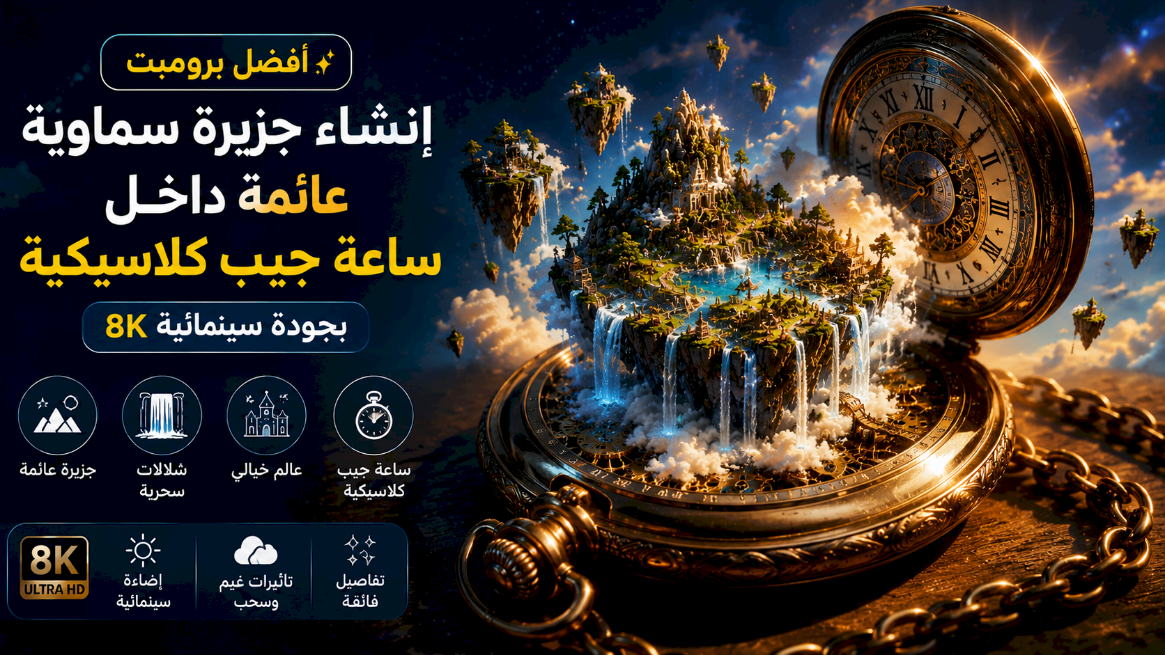 أفضل برومبت إنشاء جزيرة سماوية عائمة داخل ساعة جيب كلاسيكية بجودة سينمائية 8K