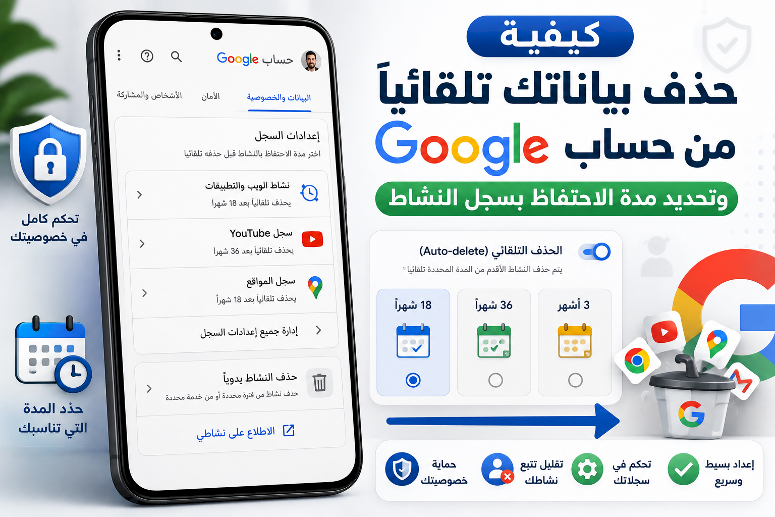 كيفية حذف بياناتك تلقائيًا من حساب Google وتحديد مدة الاحتفاظ بسجل النشاط
