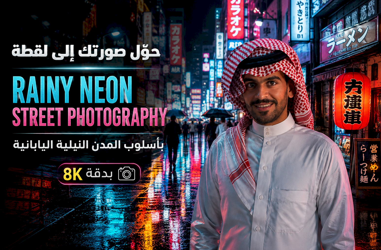 حوّل صورتك إلى لقطة Rainy Neon Street Photography بأسلوب المدن الليلية اليابانية بدقة 8K