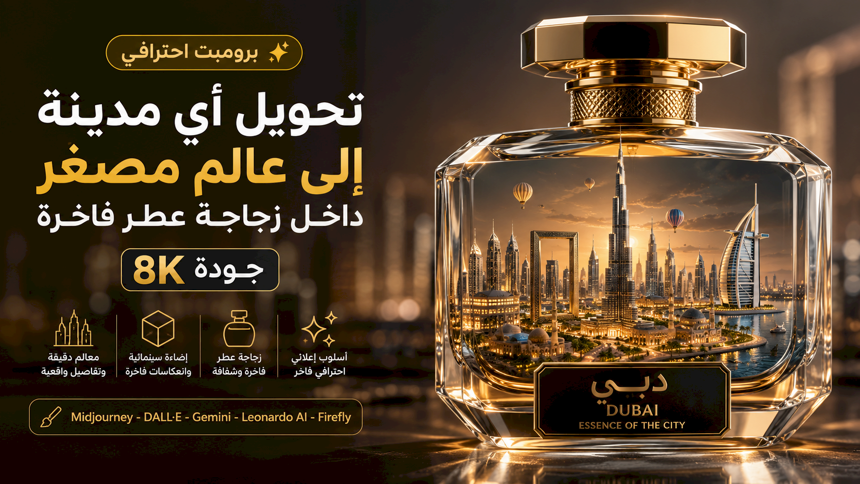أفضل برومبت تحويل أي مدينة إلى عالم مصغر داخل زجاجة عطر فاخرة بجودة 8K