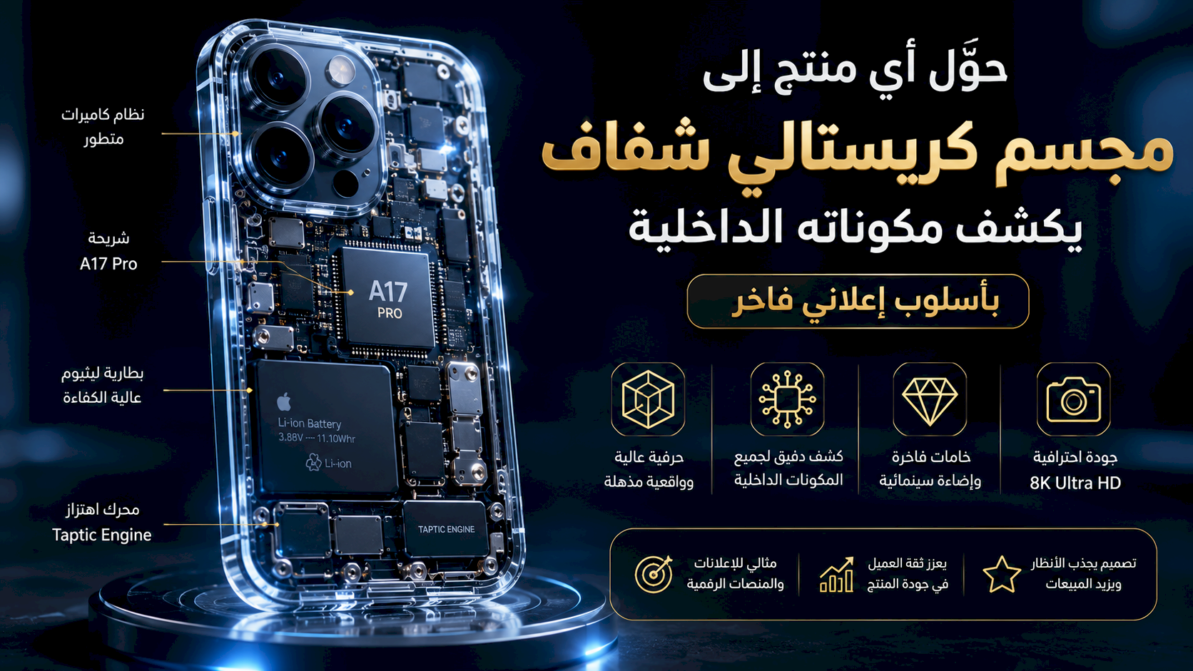 برومبت تحويل أي منتج إلى مجسم كريستالي شفاف يكشف مكوناته الداخلية بأسلوب إعلاني فاخر