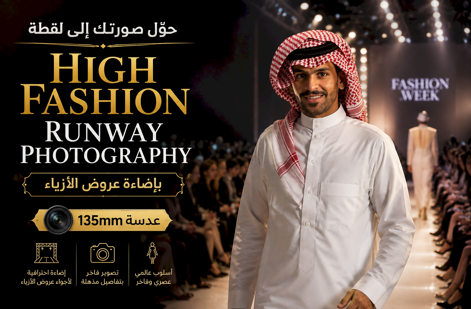 حوّل صورتك إلى لقطة High Fashion Runway Photography بإضاءة عروض الأزياء وعدسة 135mm