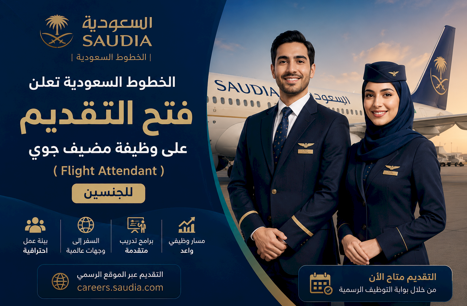 الخطوط السعودية تعلن فتح التقديم على وظيفة مضيف جوي (Flight Attendant) للجنسين