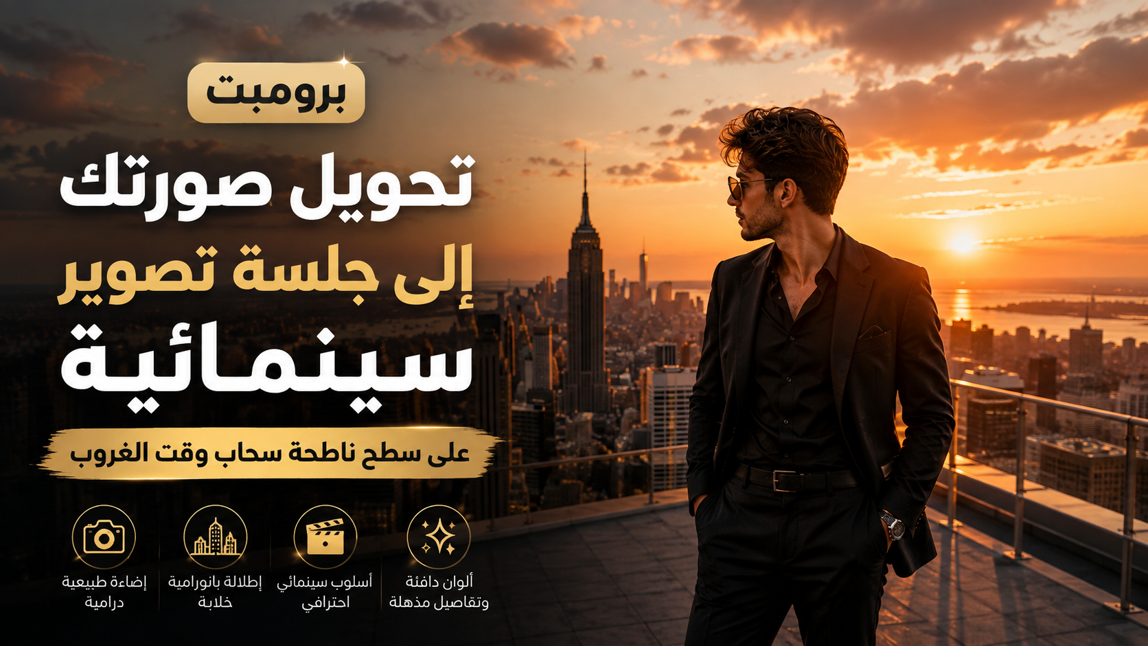 برومبت جلسة تصوير سينمائية على سطح ناطحة سحاب وقت الغروب