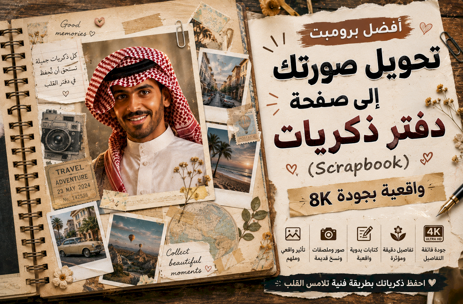 أفضل برومبت تحويل صورتك إلى صفحة دفتر ذكريات (Scrapbook) واقعية بجودة 8K