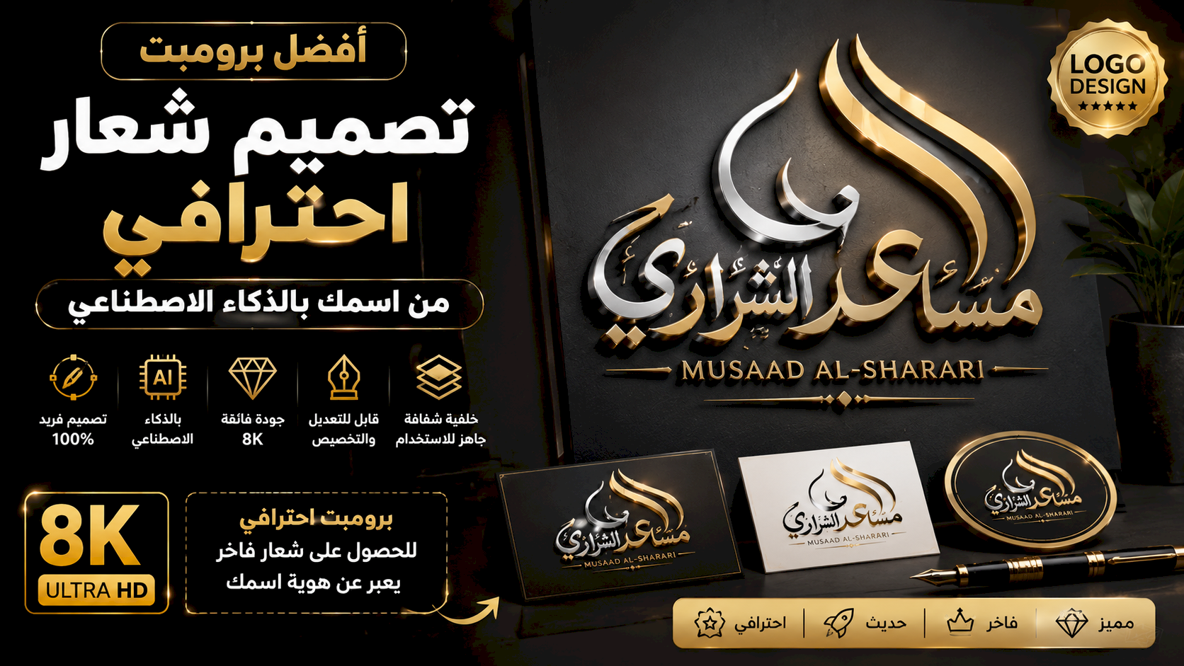 أفضل برومبت تصميم شعار احترافي من اسمك بالذكاء الاصطناعي بجودة 8K
