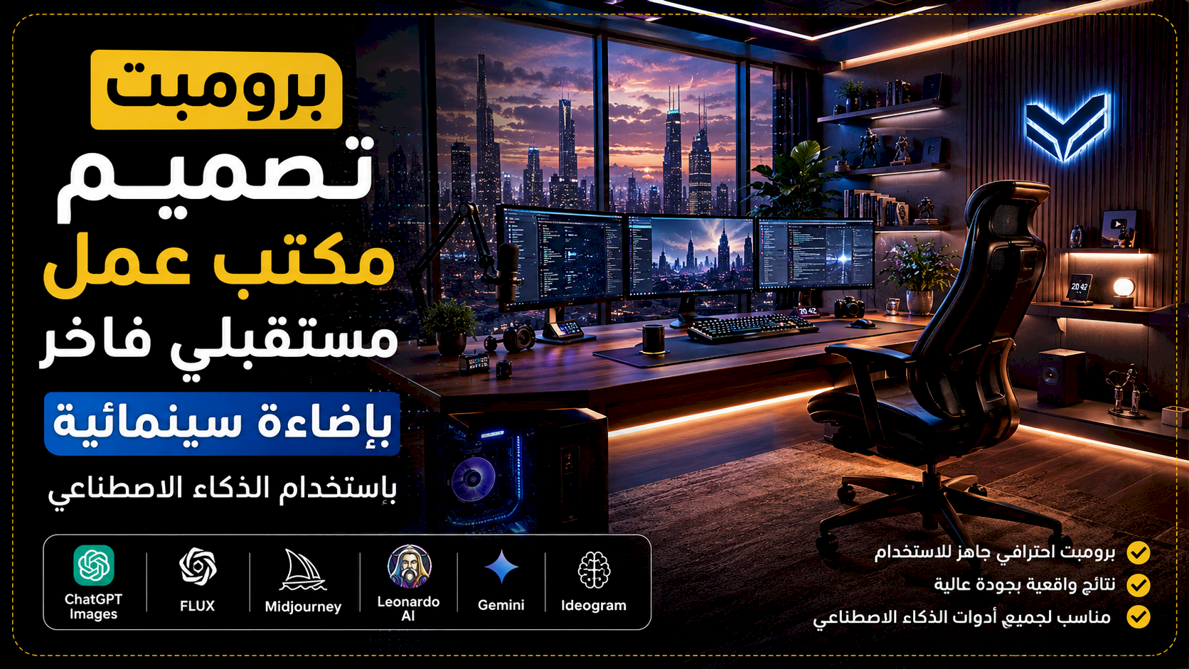 برومبت تصميم مكتب عمل مستقبلي فاخر بإضاءة سينمائية باستخدام الذكاء الاصطناعي