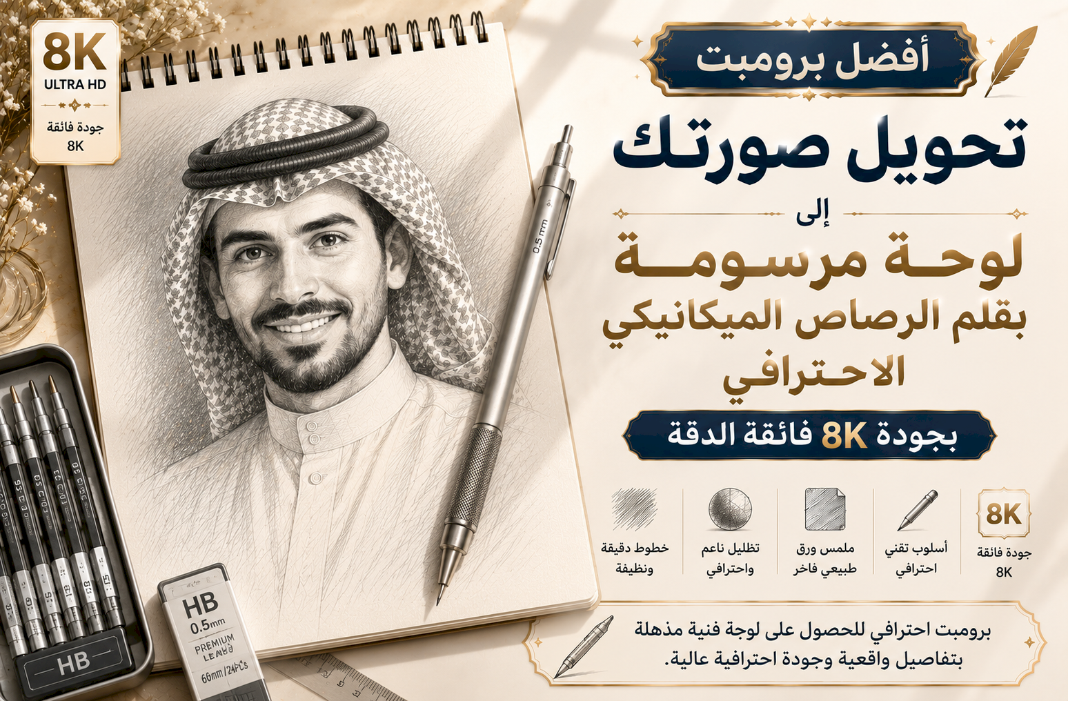 أفضل برومبت تحويل صورتك إلى لوحة مرسومة بقلم الرصاص الميكانيكي الاحترافي (Mechanical Pencil) بجودة 8K