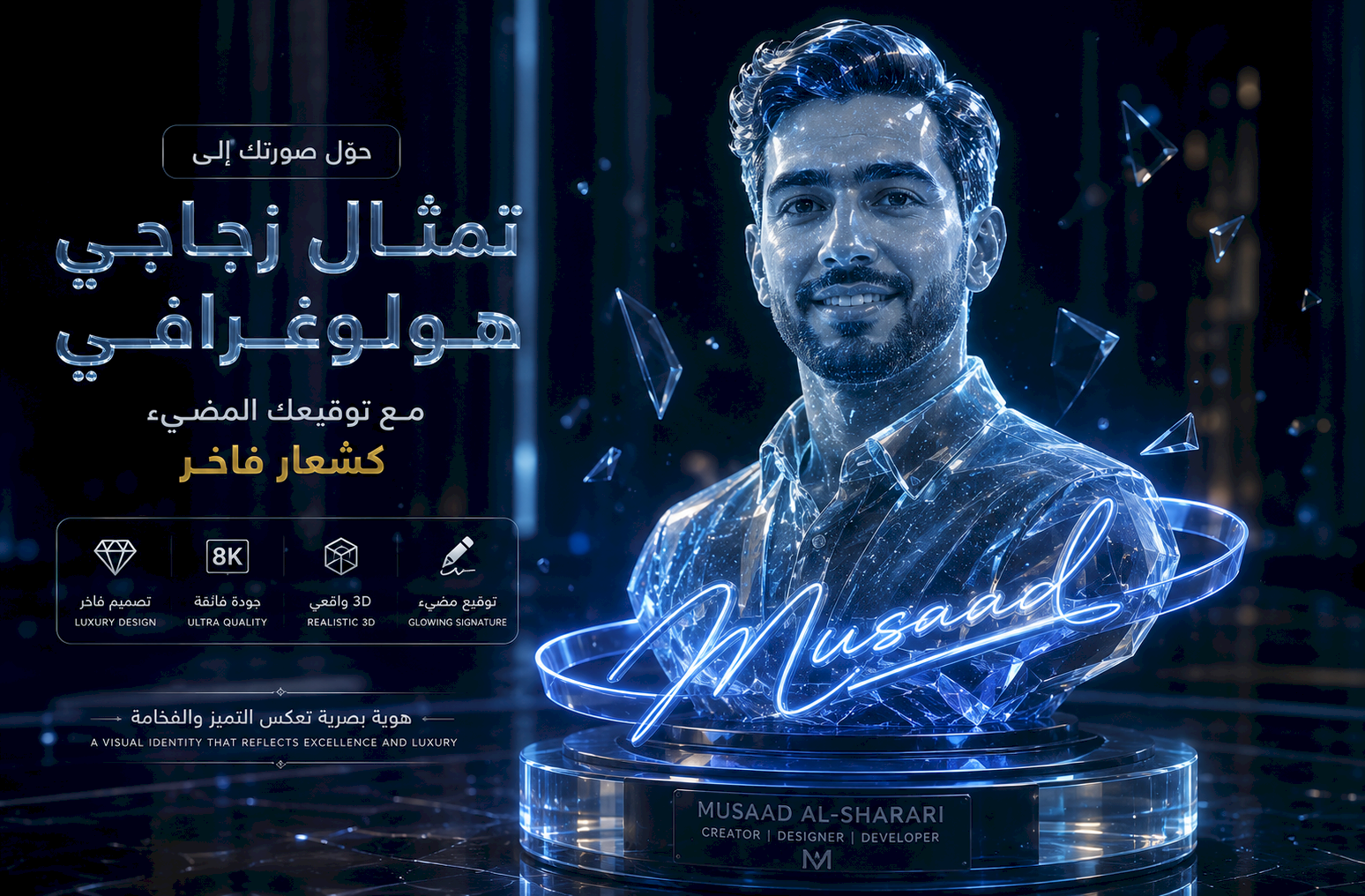 تحويل صورتك إلى تمثال زجاجي هولوغرافي مع توقيعك المضيء كشعار فاخر 8K