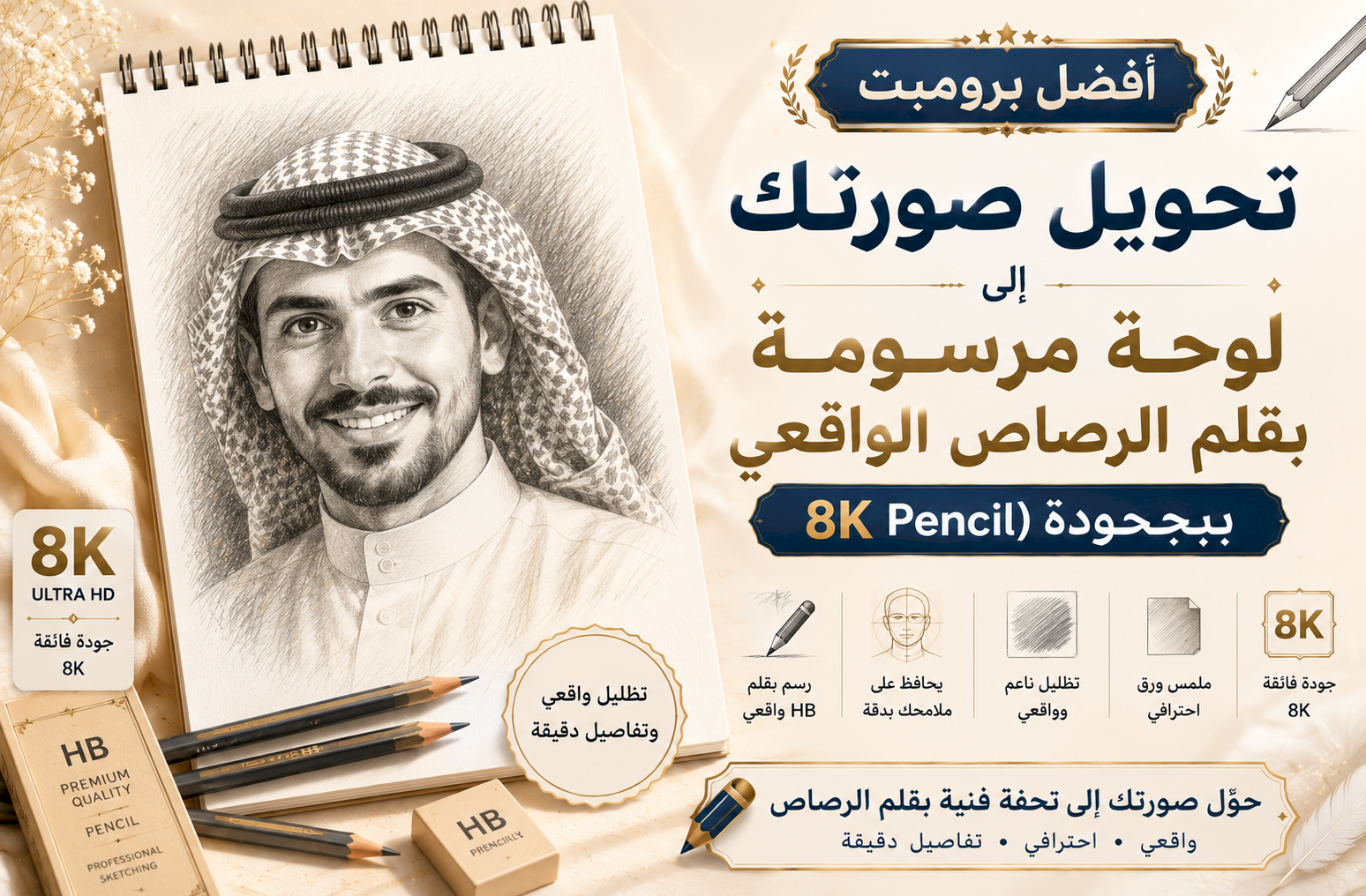 أفضل برومبت تحويل صورتك إلى لوحة مرسومة بقلم الرصاص الواقعي (HB Pencil) بجودة 8K