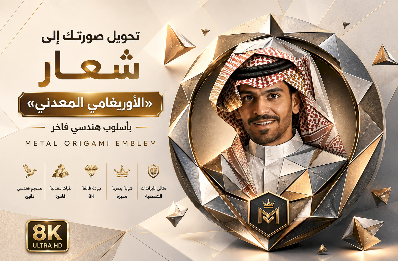 تحويل صورتك إلى شعار «الأوريغامي المعدني» (Metal Origami Emblem) بأسلوب هندسي فاخر 8K