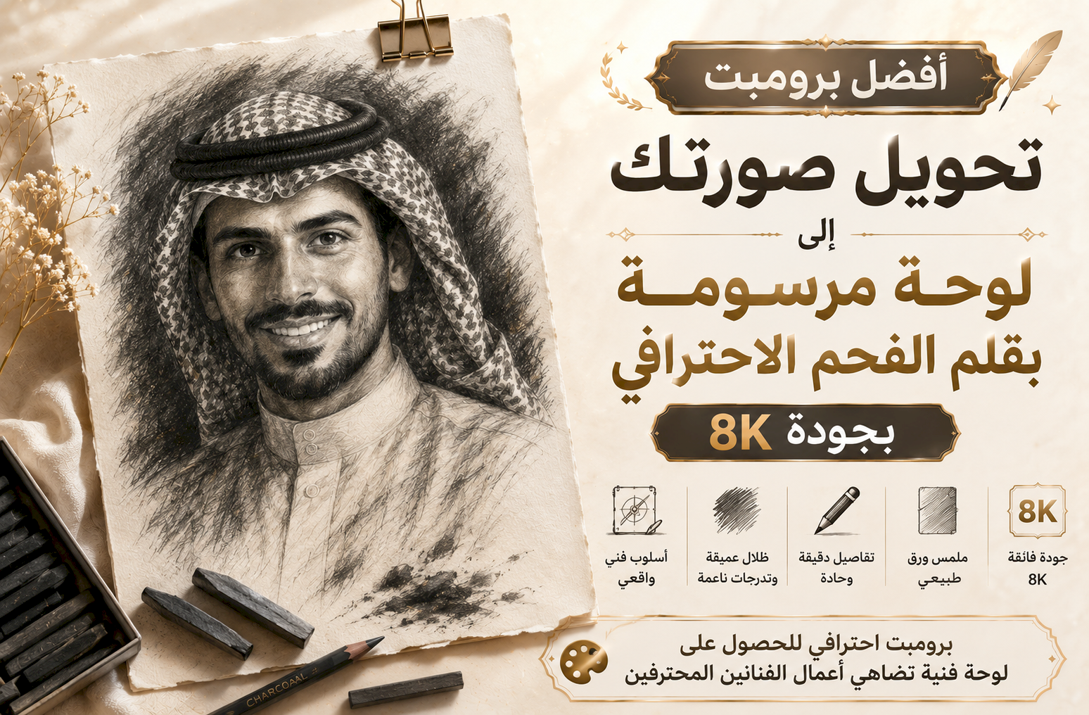 أفضل برومبت تحويل صورتك إلى لوحة مرسومة بقلم الفحم الاحترافي (Charcoal Pencil) بجودة 8K