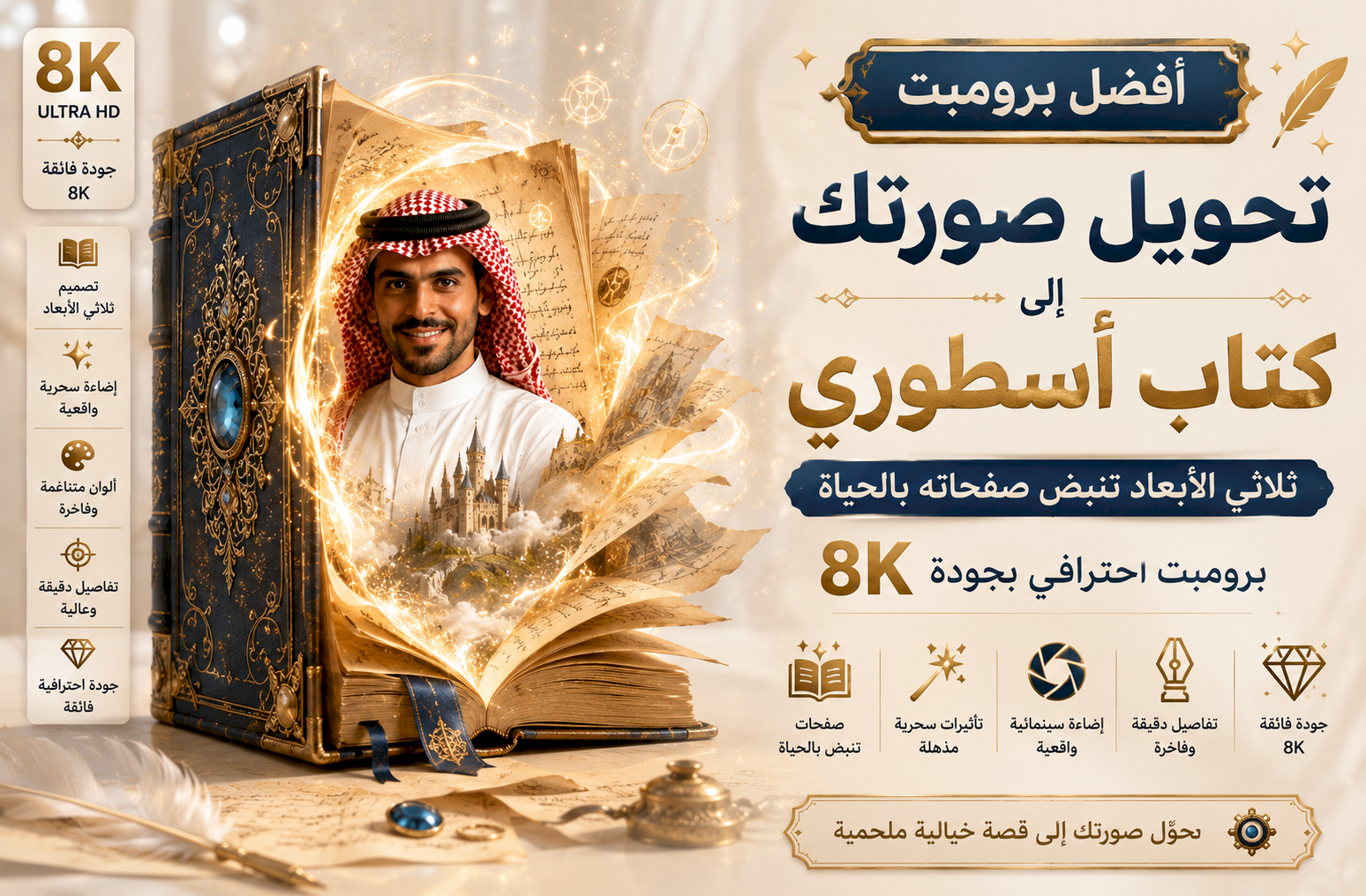 أفضل برومبت تحويل صورتك إلى كتاب أسطوري ثلاثي الأبعاد تنبض صفحاته بالحياة بجودة 8K