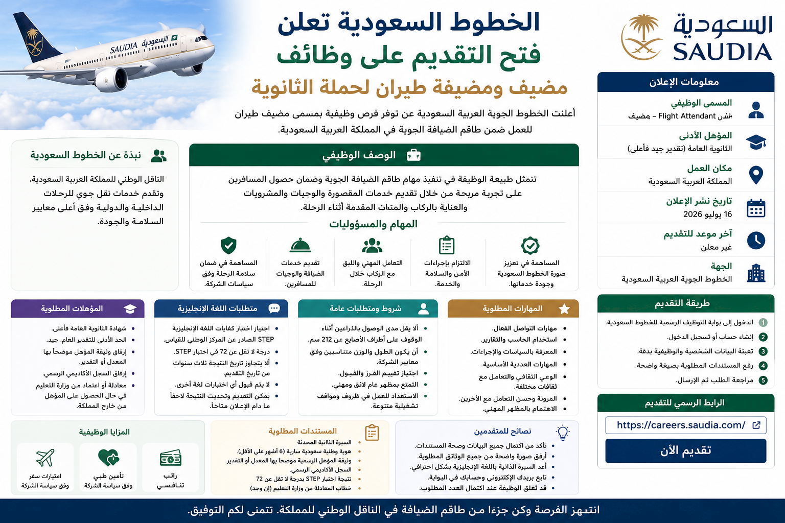 الخطوط السعودية تعلن فتح التقديم على وظائف مضيف ومضيفة طيران لحملة الثانوية