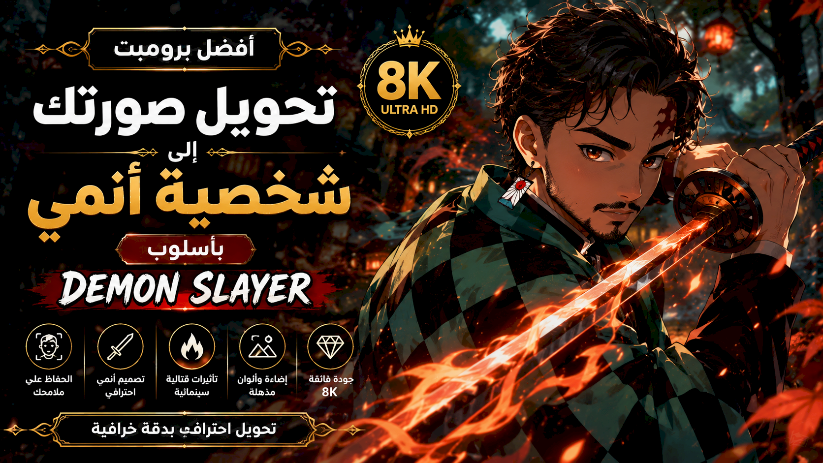 أفضل برومبت تحويل صورتك إلى شخصية أنمي بأسلوب Demon Slayer بجودة 8K