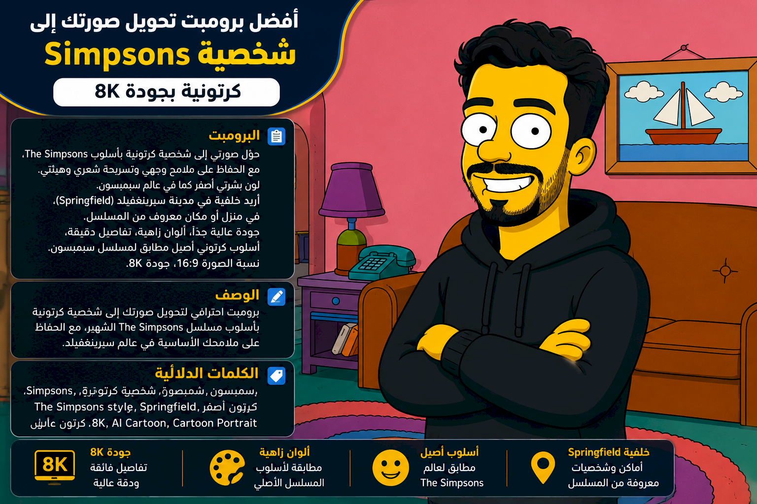 أفضل برومبت تحويل صورتك إلى شخصية Simpsons كرتونية بجودة 8K