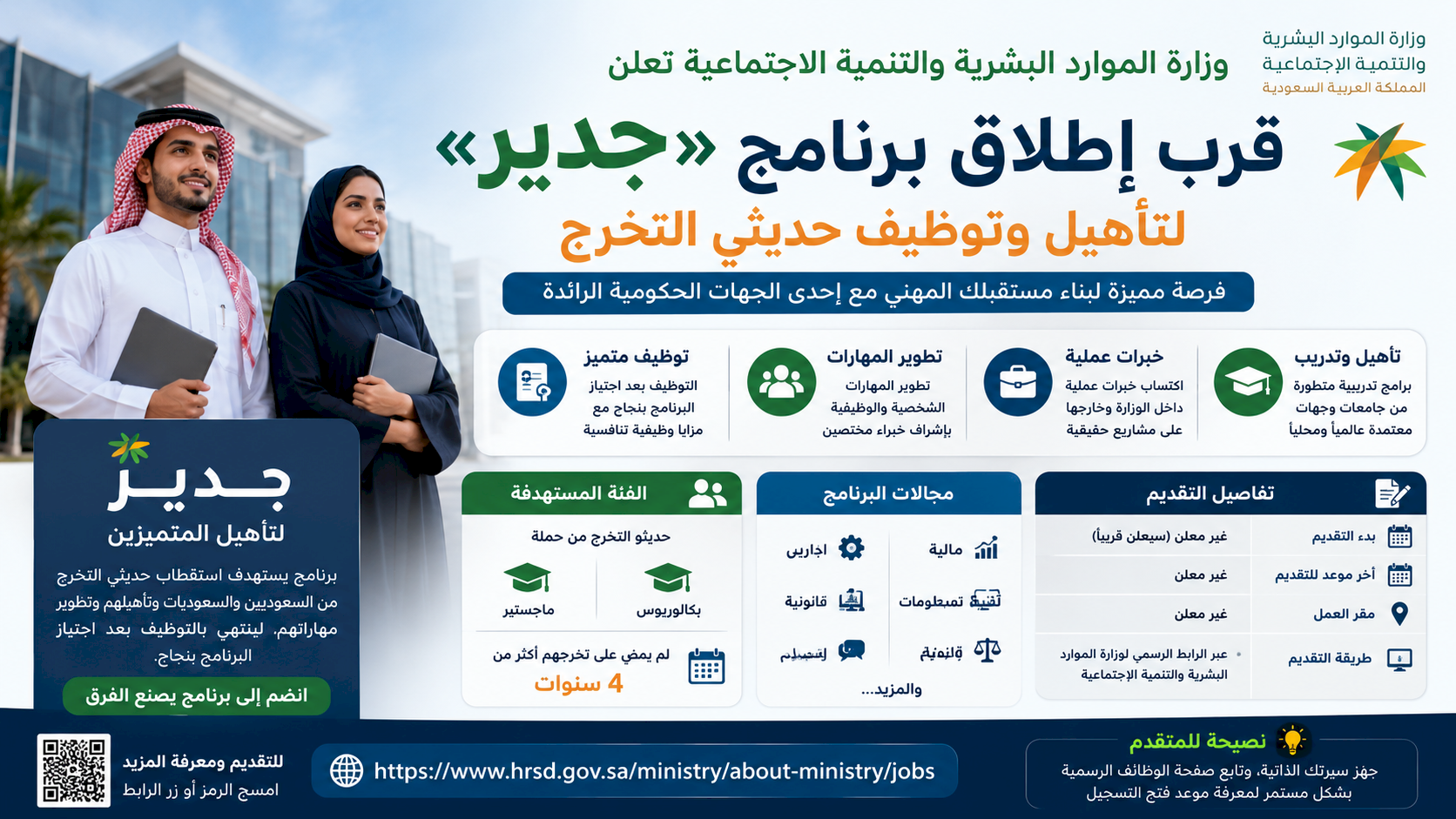وزارة الموارد البشرية والتنمية الاجتماعية تعلن قرب إطلاق برنامج «جدير» لتأهيل وتوظيف حديثي التخرج