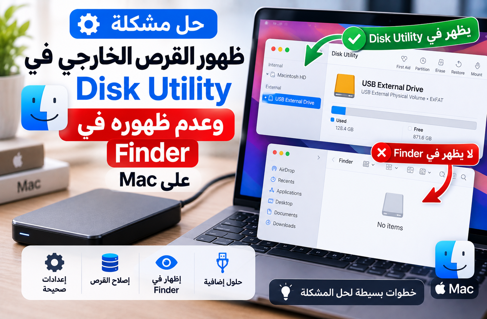 حل مشكلة ظهور القرص الخارجي في Disk Utility وعدم ظهوره في Finder على Mac