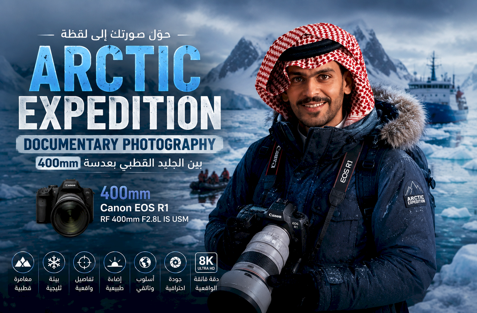 حوّل صورتك إلى لقطة Arctic Expedition Documentary Photography بين الجليد القطبي بعدسة 400mm