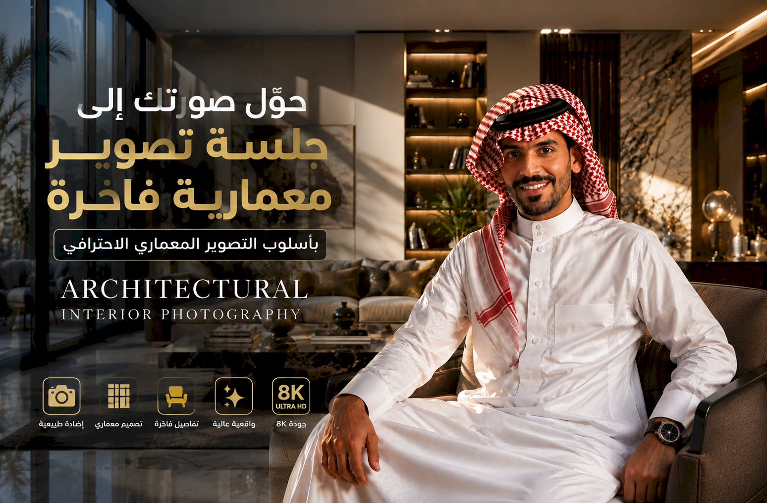 حوّل صورتك إلى جلسة تصوير معمارية فاخرة بأسلوب Architectural Interior Photography بدقة 8K