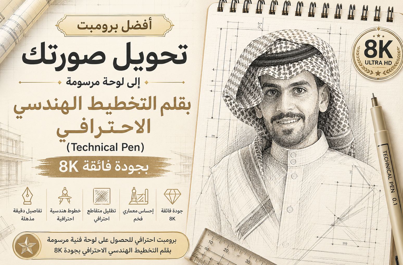 أفضل برومبت تحويل صورتك إلى لوحة مرسومة بقلم التخطيط الهندسي الاحترافي (Technical Pen) بجودة 8K