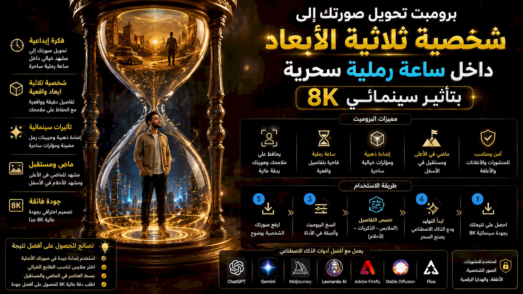 برومبت تحويل صورتك إلى شخصية ثلاثية الأبعاد داخل ساعة رملية سحرية بتأثير سينمائي 8K