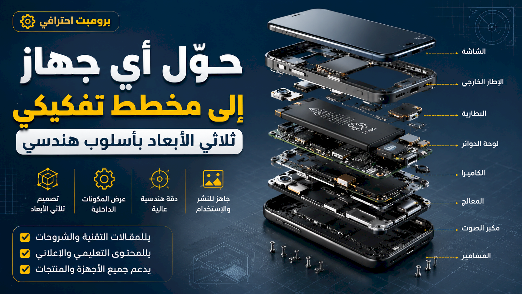 برومبت تحويل أي جهاز إلى مخطط تفكيكي ثلاثي الأبعاد احترافي بأسلوب هندسي