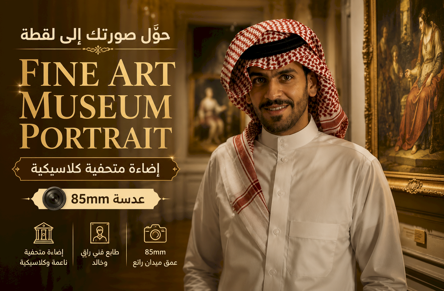 حوّل صورتك إلى لقطة Fine Art Museum Portrait بإضاءة متحفية كلاسيكية وعدسة 85mm
