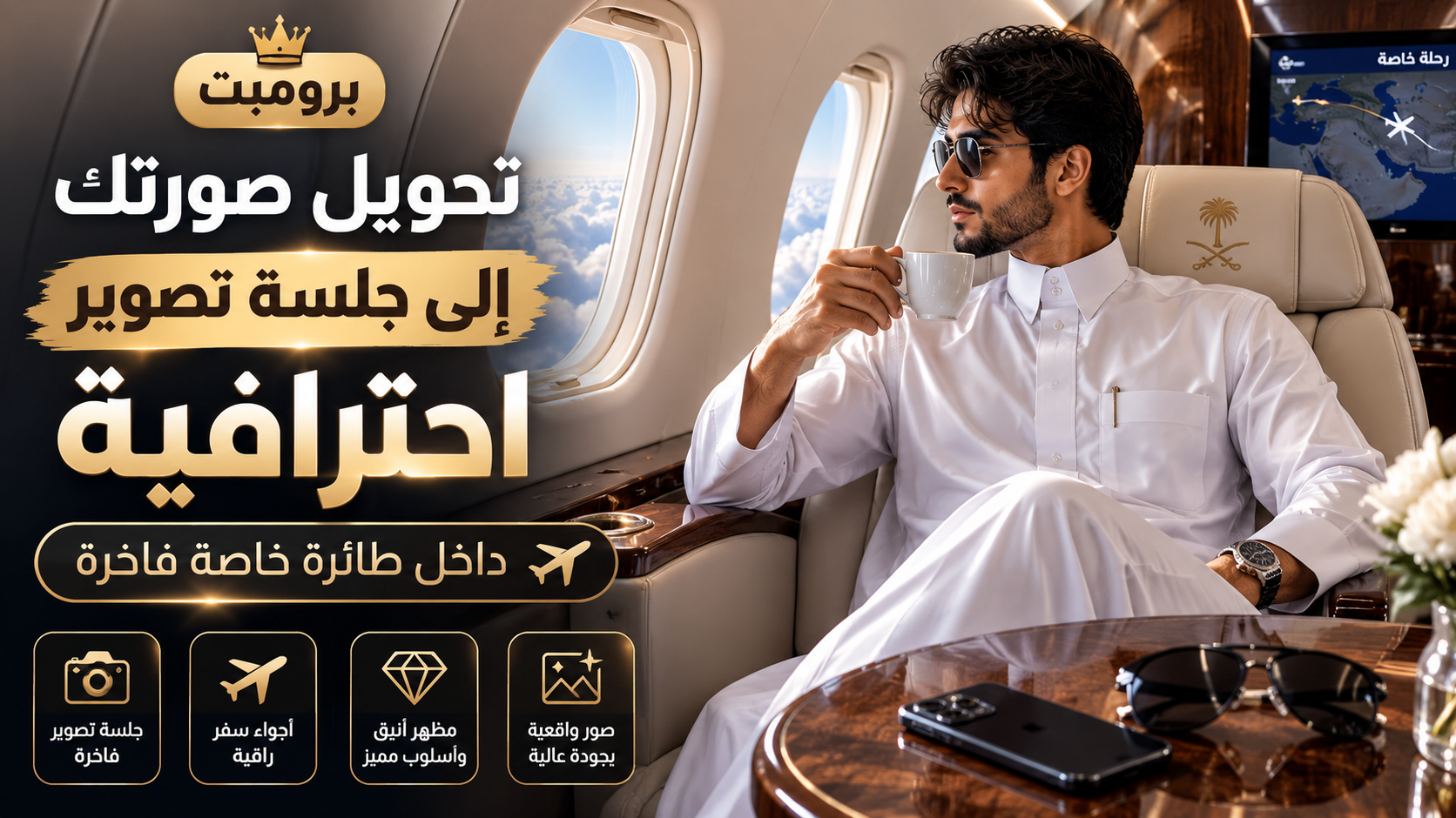 برومبت جلسة تصوير احترافية داخل طائرة خاصة فاخرة