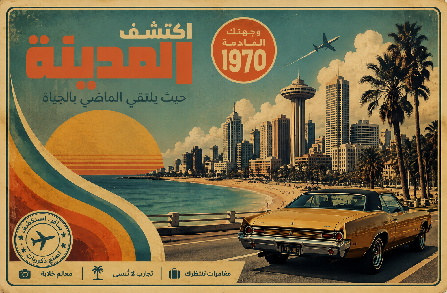 برومبت تصميم بوستر سفر ريترو لمدينة بأسلوب السبعينيات بالذكاء الاصطناعي