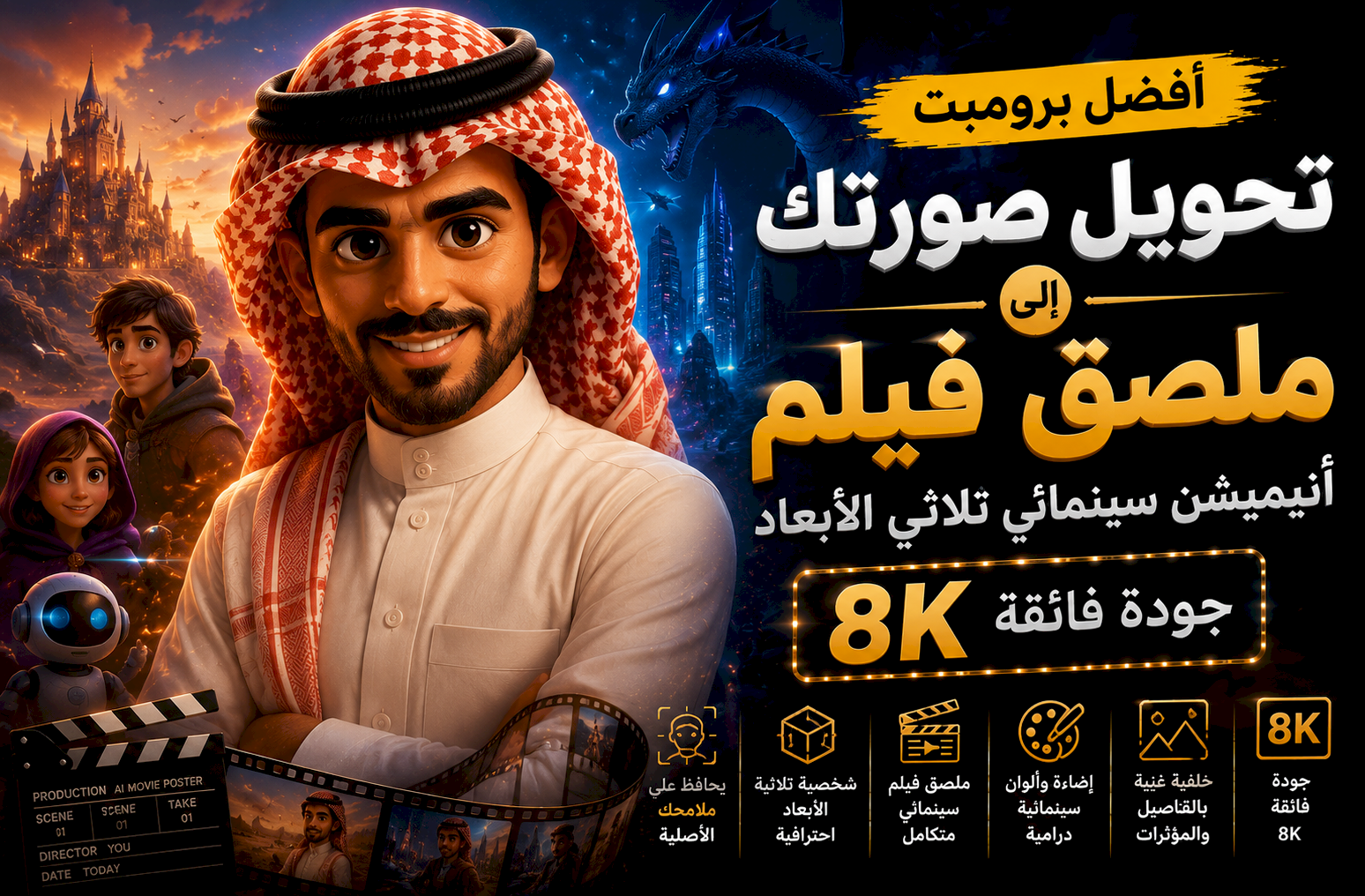 أفضل برومبت تحويل صورتك إلى ملصق فيلم أنيميشن سينمائي ثلاثي الأبعاد بجودة 8K