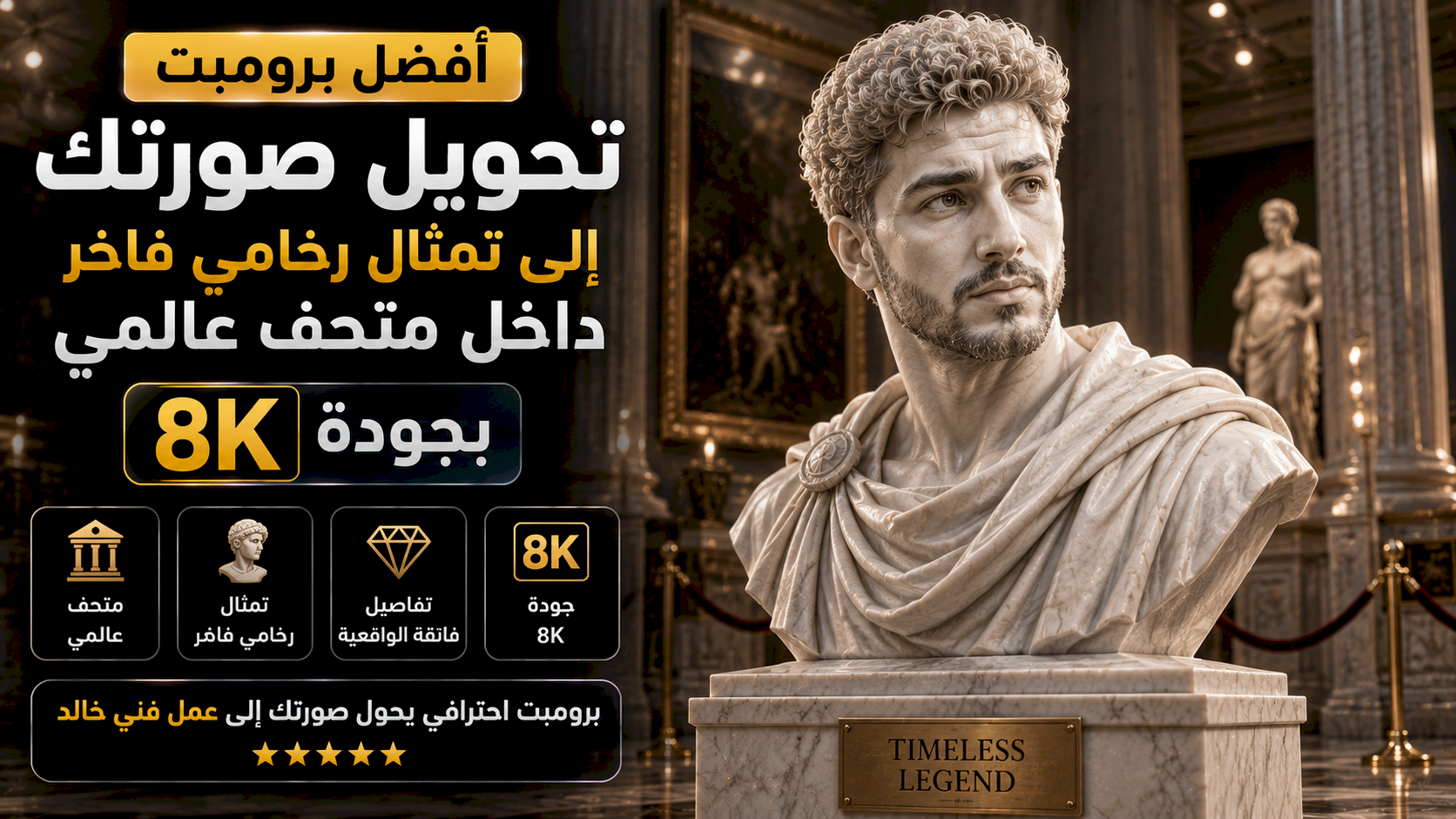 أفضل برومبت تحويل صورتك إلى تمثال رخامي فاخر داخل متحف عالمي بجودة 8K