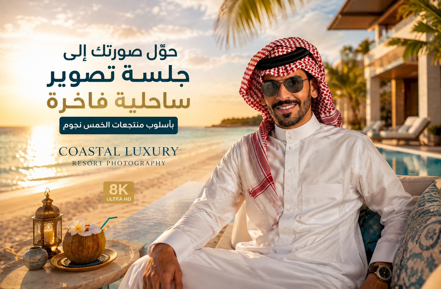 حوّل صورتك إلى جلسة تصوير ساحلية فاخرة بأسلوب Coastal Luxury Resort Photography بدقة 8K