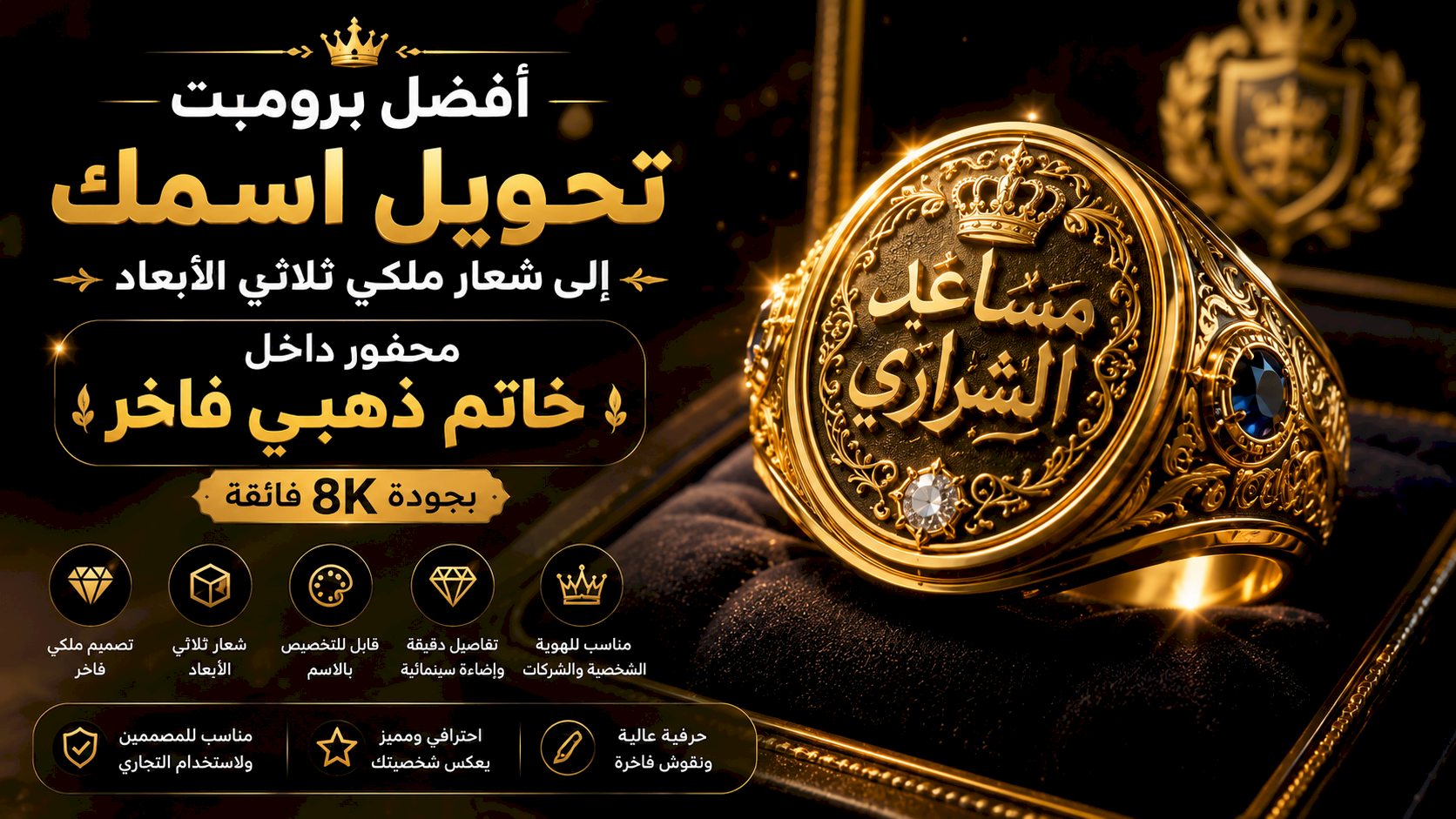 أفضل برومبت تحويل اسمك إلى شعار ملكي ثلاثي الأبعاد محفور داخل خاتم ذهبي فاخر بجودة 8K