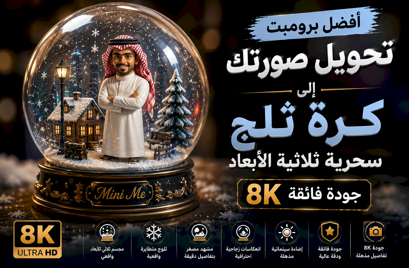 أفضل برومبت تحويل صورتك إلى كرة ثلج زجاجية سحرية ثلاثية الأبعاد بجودة 8K