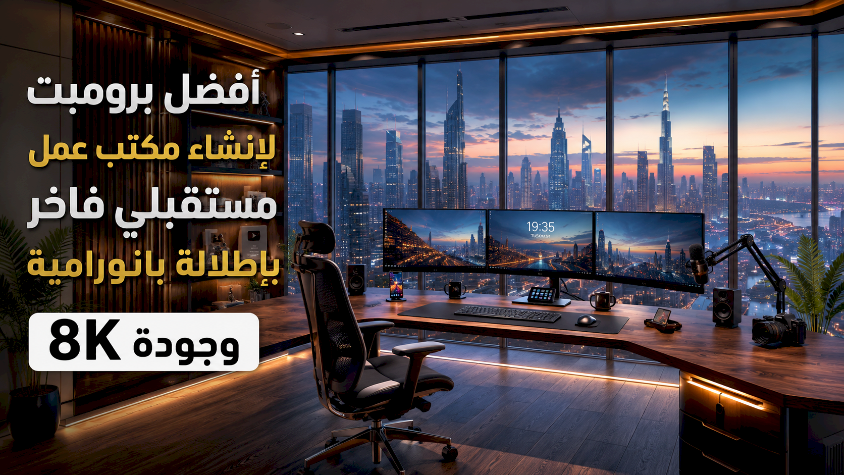أفضل برومبت لإنشاء مكتب عمل مستقبلي فاخر بإطلالة بانورامية وجودة 8K