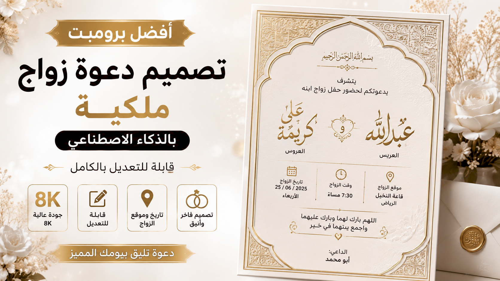 أفضل برومبت تصميم دعوة زواج ملكية بالذكاء الاصطناعي قابلة للتعديل بجودة 8K